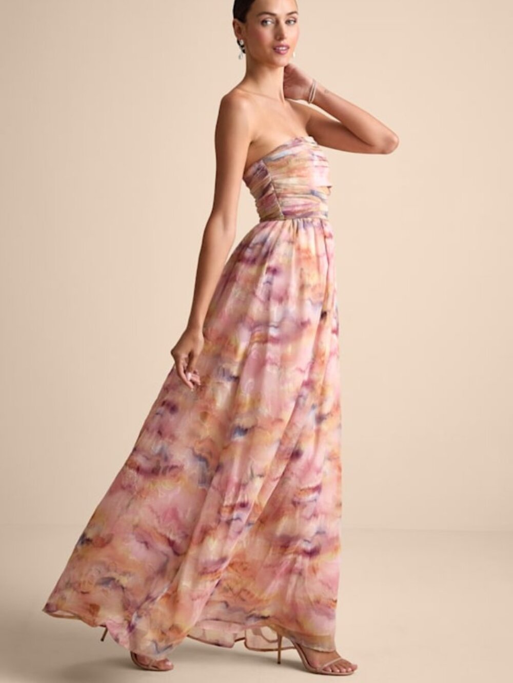 Lulus Mykala Light Pink Abstract Pleated Strapless Maxi Dress - Size M
